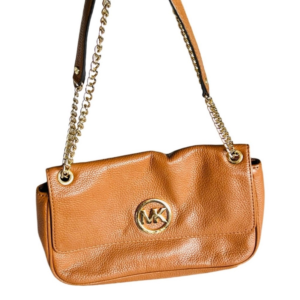 Michael Kors Tan Leather Small Shoulder Crossbody Bag Gold Chain MK Logo - Picture 6 of 10